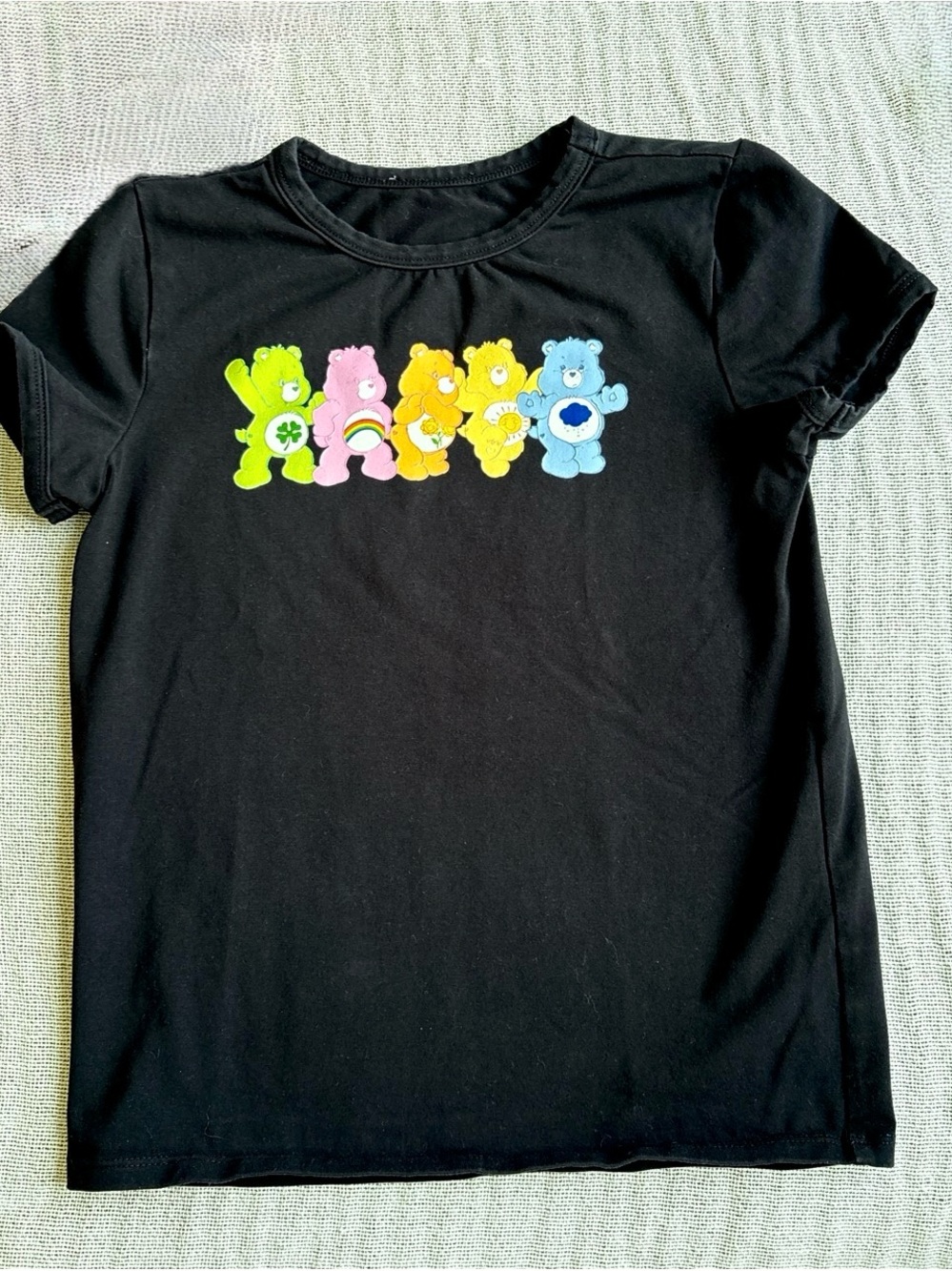Care Bears Black Tee with Neon Green Pink Yellow Blue Bears